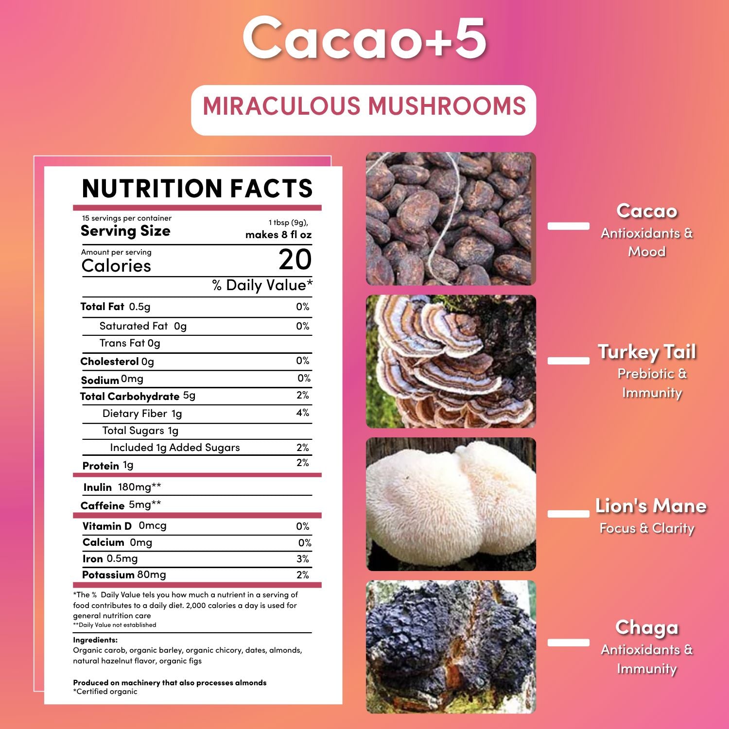 Teeccino Miraculous Mushrooms® Cacao + 5 instant coffee packet with mushroom and cacao ingredients, ready to brew.