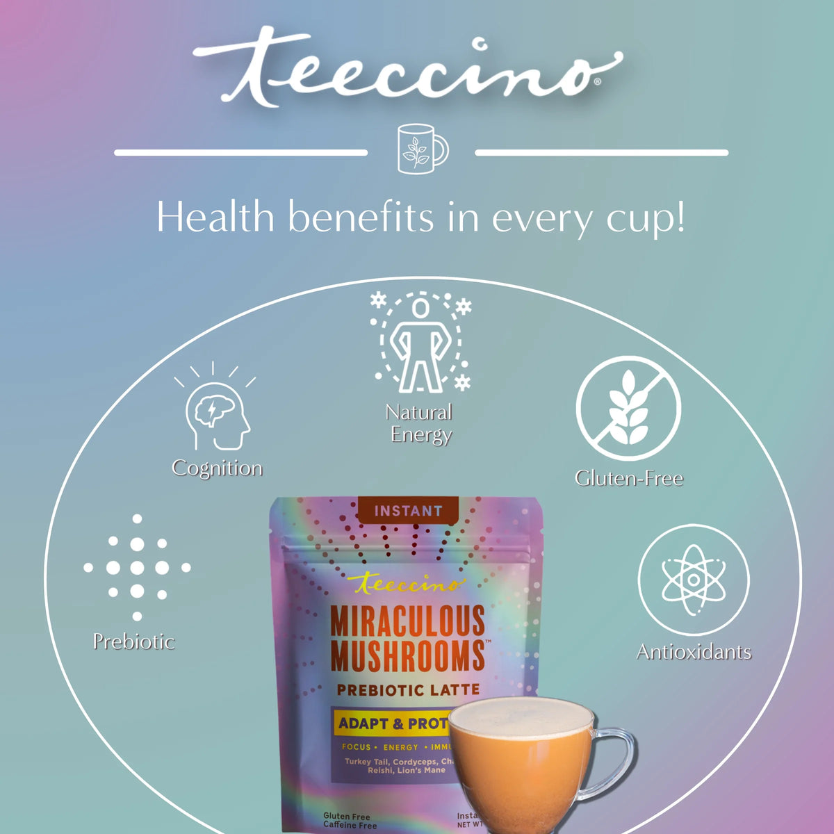 Teeccino Miraculous Mushrooms Adapt & Protect instant herbal latte with mushroom and herbal blend in a cup.