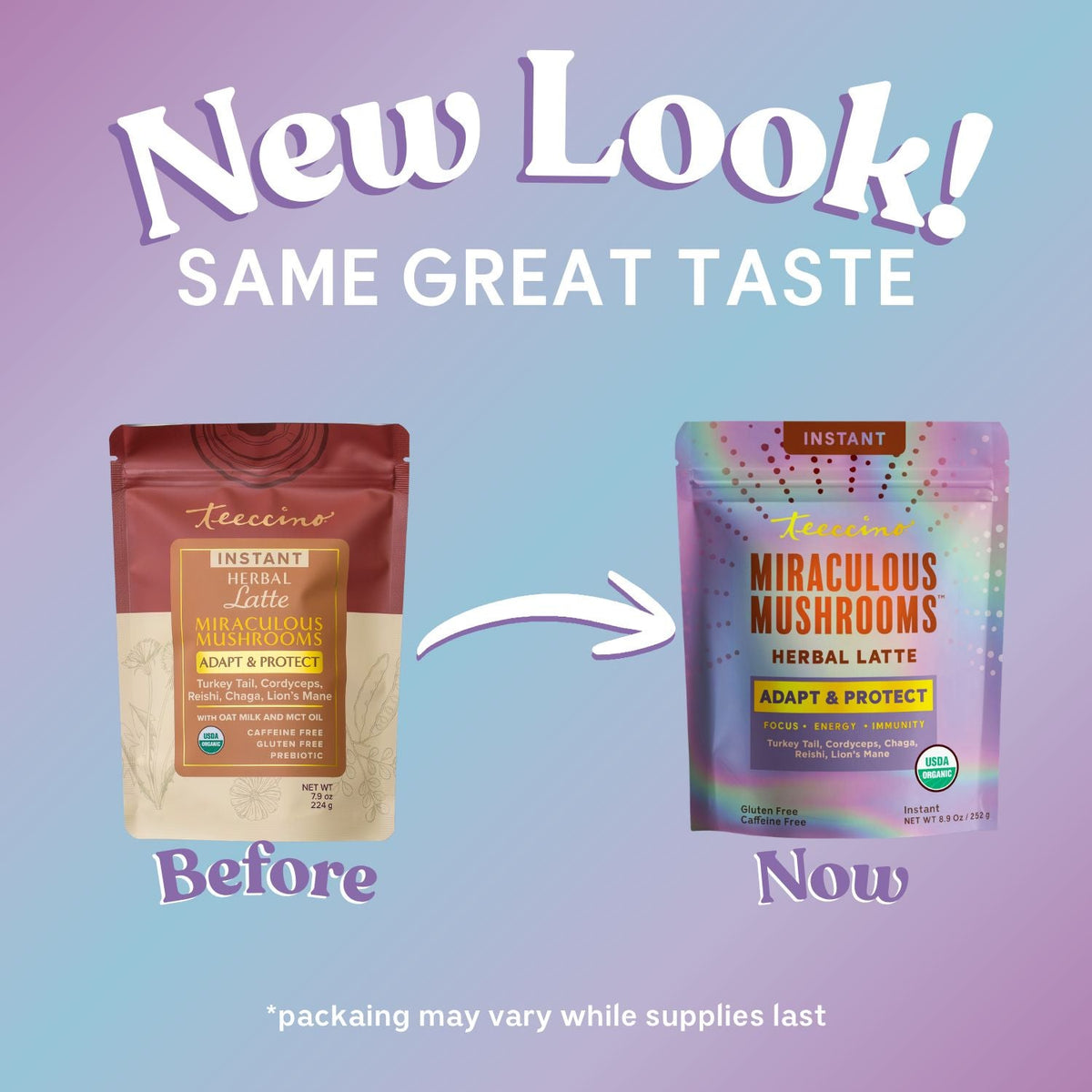 Teeccino Miraculous Mushrooms® Adapt & Protect instant herbal latte in a cup with frothy top and herbal ingredients visible.