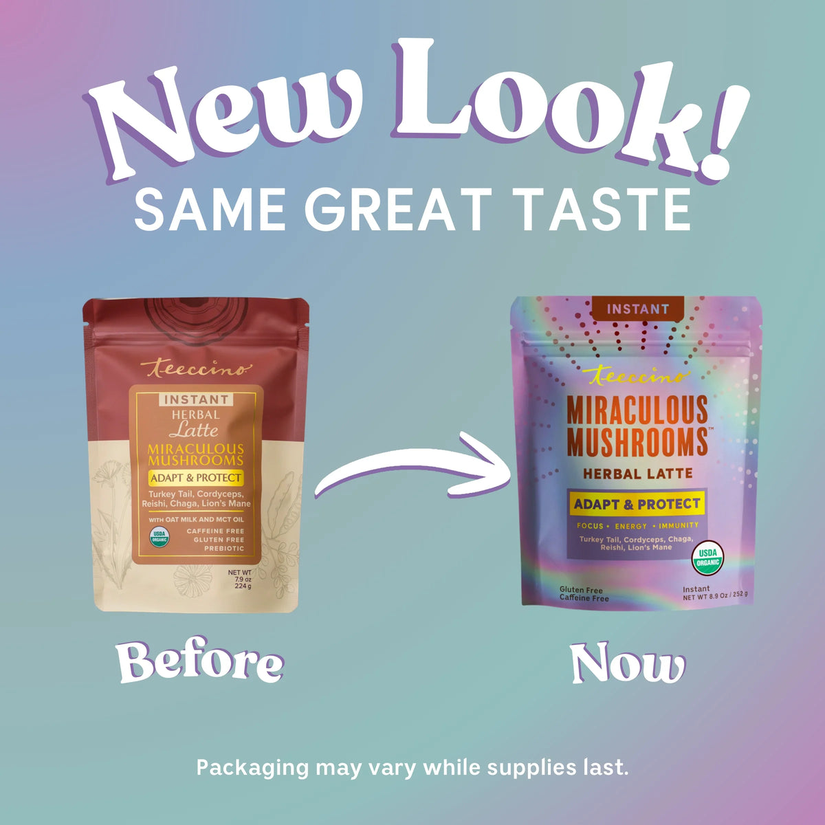 Teeccino Miraculous Mushrooms® Adapt & Protect instant herbal latte in a mug with a frothy top and mushroom-themed packaging.