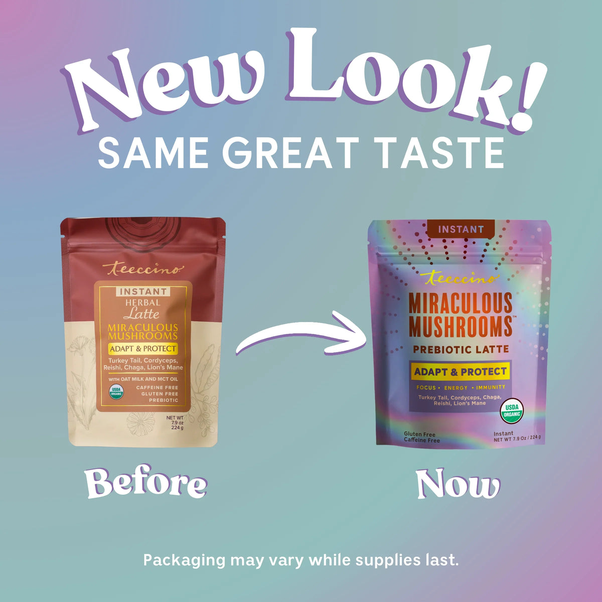 Teeccino Miraculous Mushrooms® Adapt & Protect instant herbal latte in a cup with frothy texture and herbal ingredients visible.