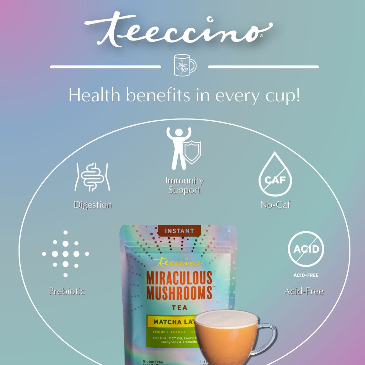 Teeccino Miraculous Mushrooms® Adapt & Protect Instant Herbal Latte mix with mushroom and herbal ingredients in a cup.