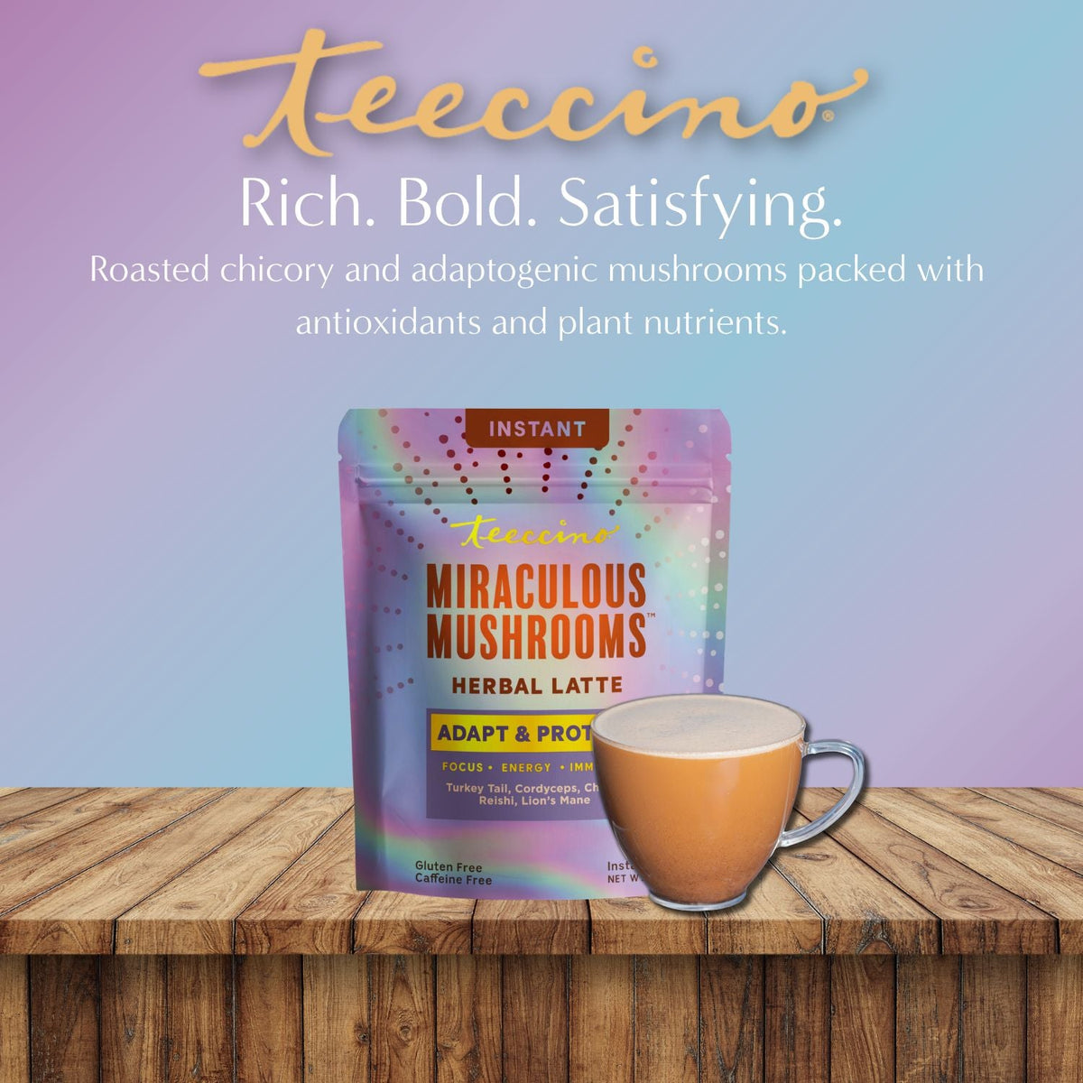Teeccino Miraculous Mushrooms® Adapt & Protect herbal latte in a cup, featuring a rich, creamy beverage with mushroom and herbal ingredients.