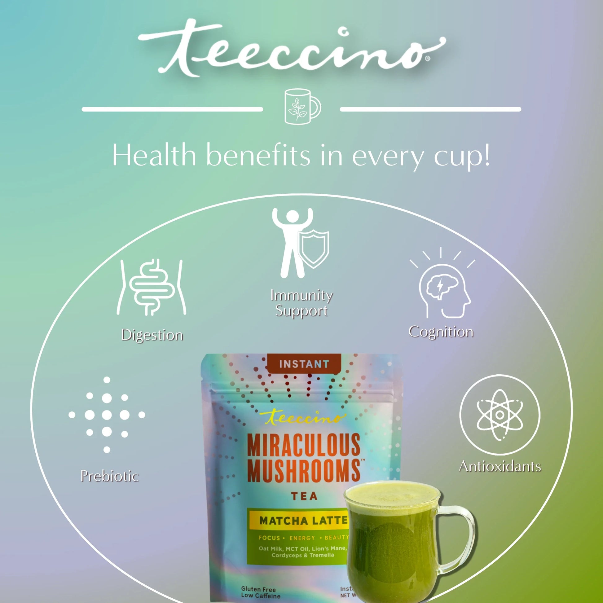 Teeccino Miraculous Mushrooms Matcha Latte instant latte in a cup with frothy green matcha and mushroom ingredients visible.