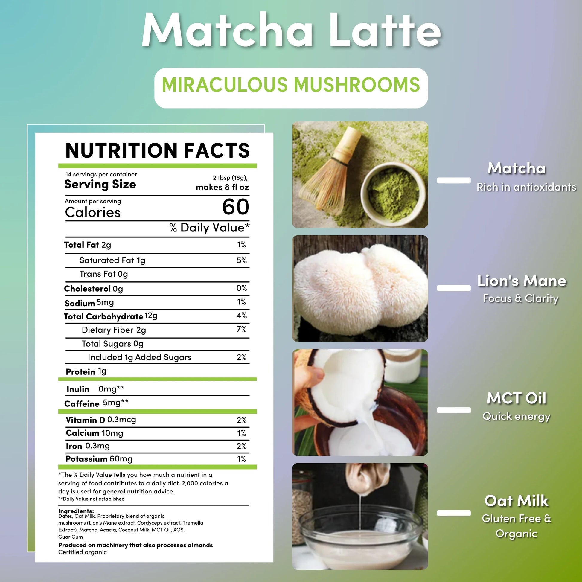 Teeccino Miraculous Mushrooms Matcha Latte instant latte in a mug with matcha powder and mushroom extract visible.