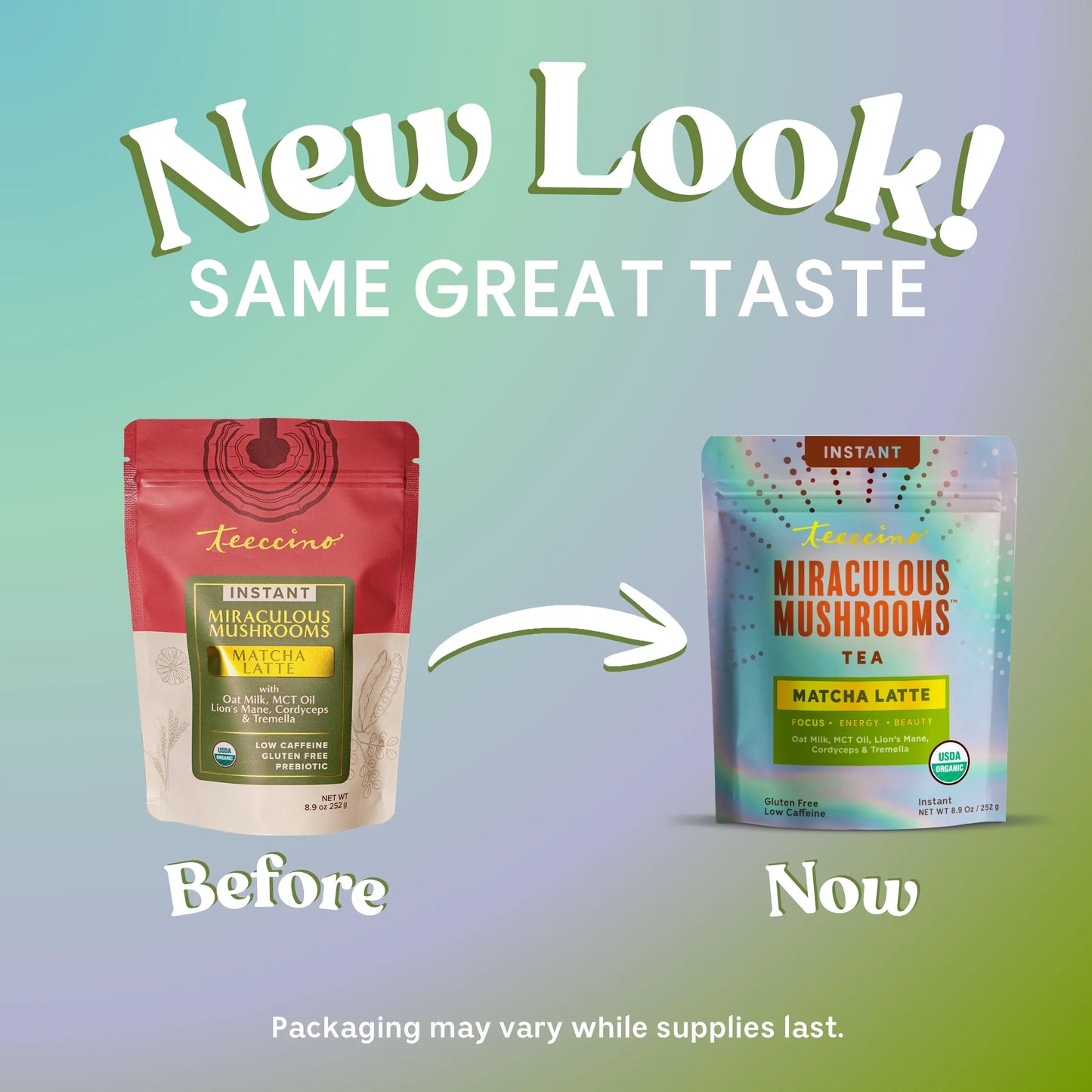 Teeccino Miraculous Mushrooms Matcha Latte instant latte mix in a colorful package with a steaming cup of matcha latte.