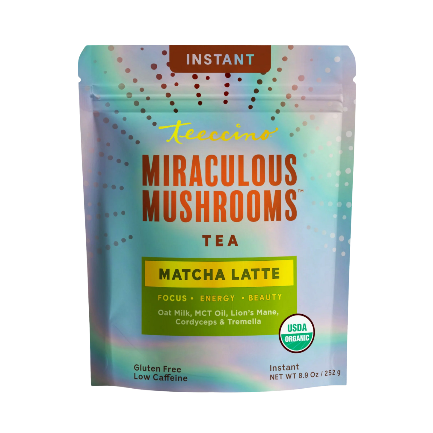 Teeccino Miraculous Mushrooms Matcha Latte instant latte powder in a resealable bag with a green and white label.