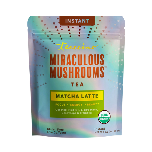 Teeccino Miraculous Mushrooms Matcha Latte instant latte powder in a resealable bag with a green and white label.