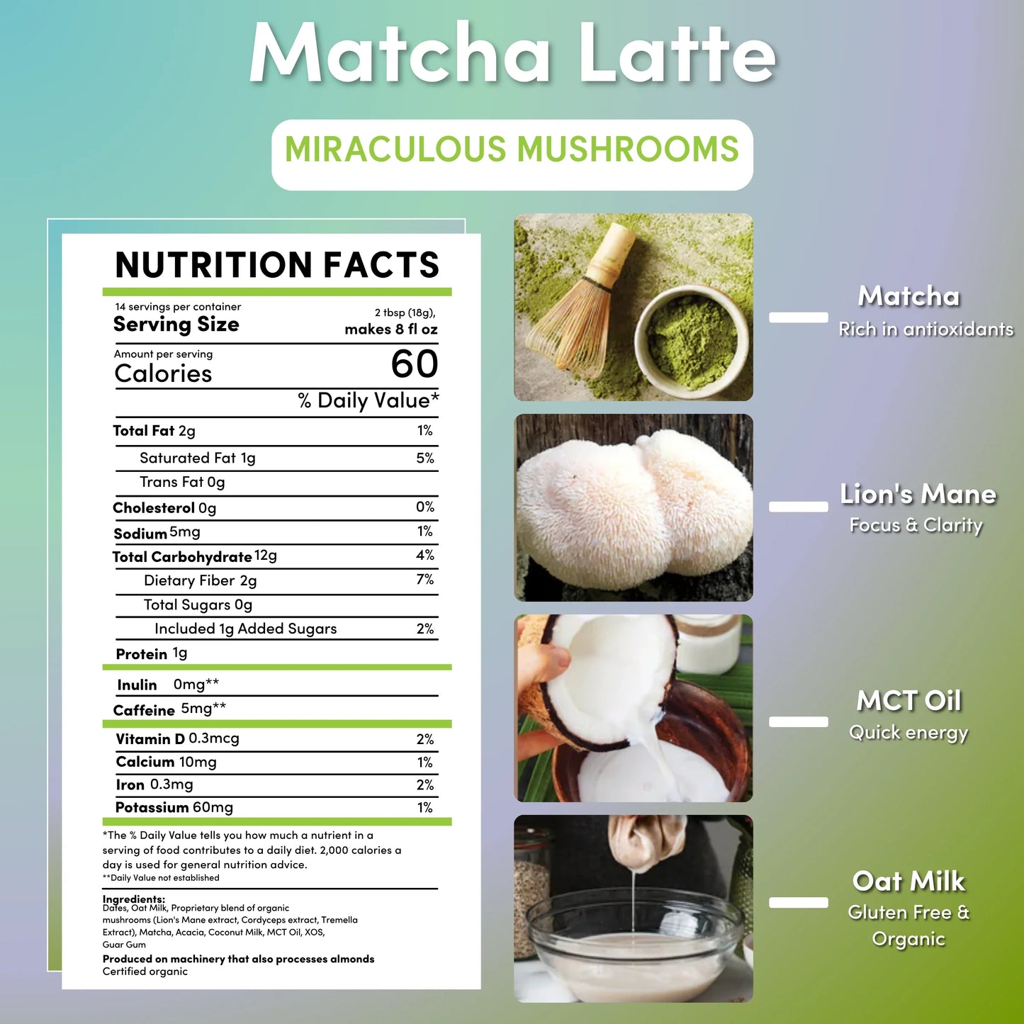 Teeccino Miraculous Mushrooms Matcha Latte instant latte in a cup with matcha powder and mushrooms, featuring a green tea color.