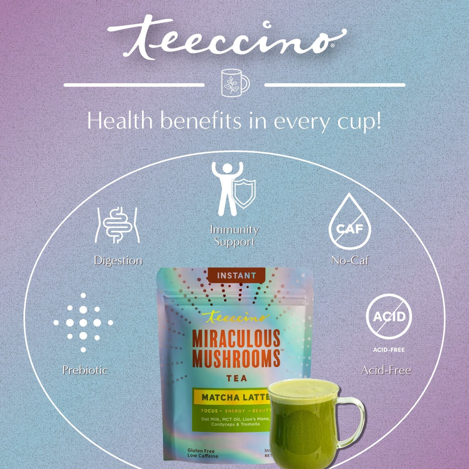 Teeccino Miraculous Mushrooms Matcha Latte instant latte mix with matcha powder and mushroom extracts in a bright package.