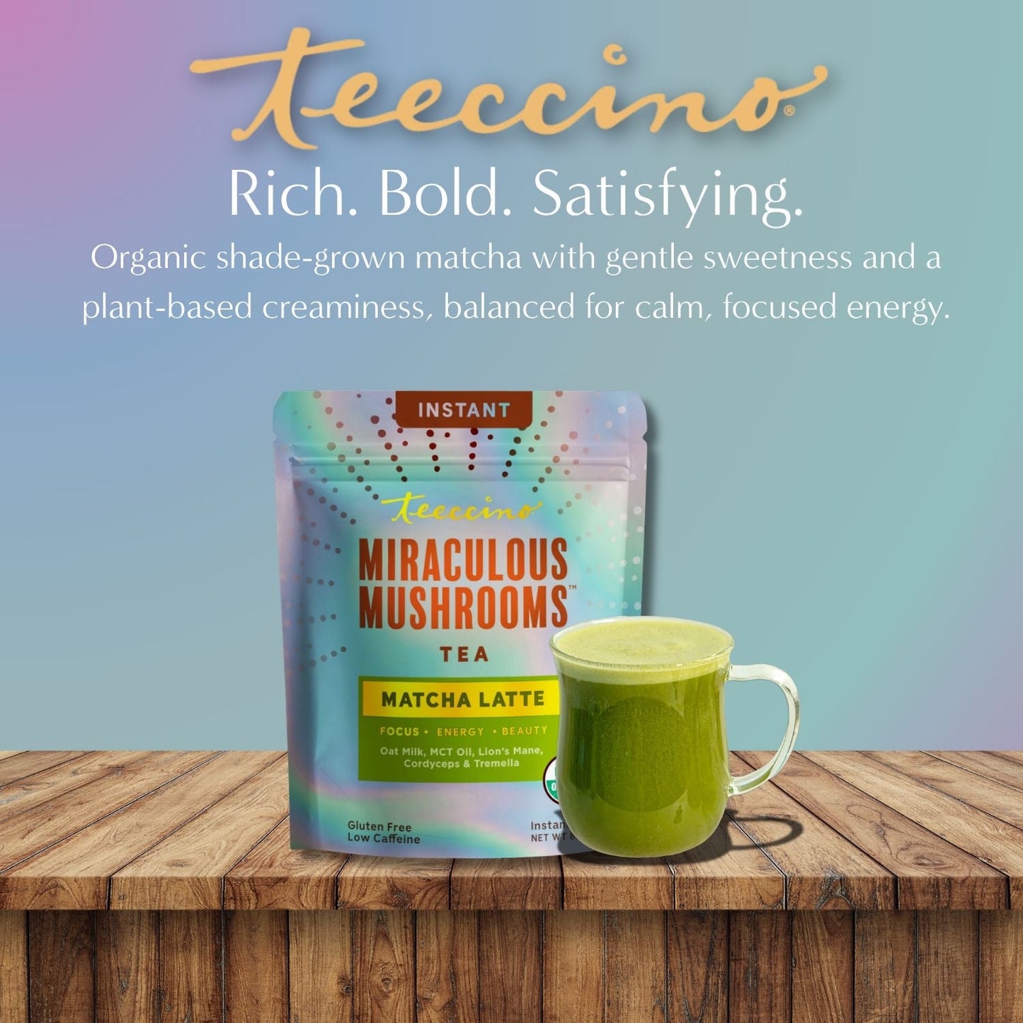 Teeccino Miraculous Mushrooms Matcha Latte instant latte powder in a resealable bag with vibrant green and beige packaging.