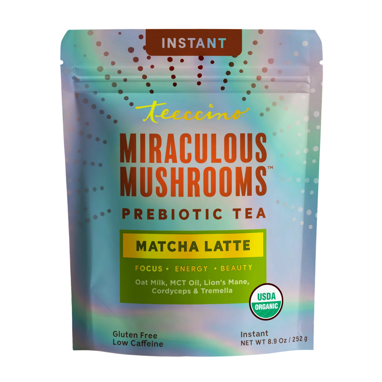 Teeccino Miraculous Mushrooms® Matcha Latte instant latte in a cup with frothy green matcha and mushroom extract.
