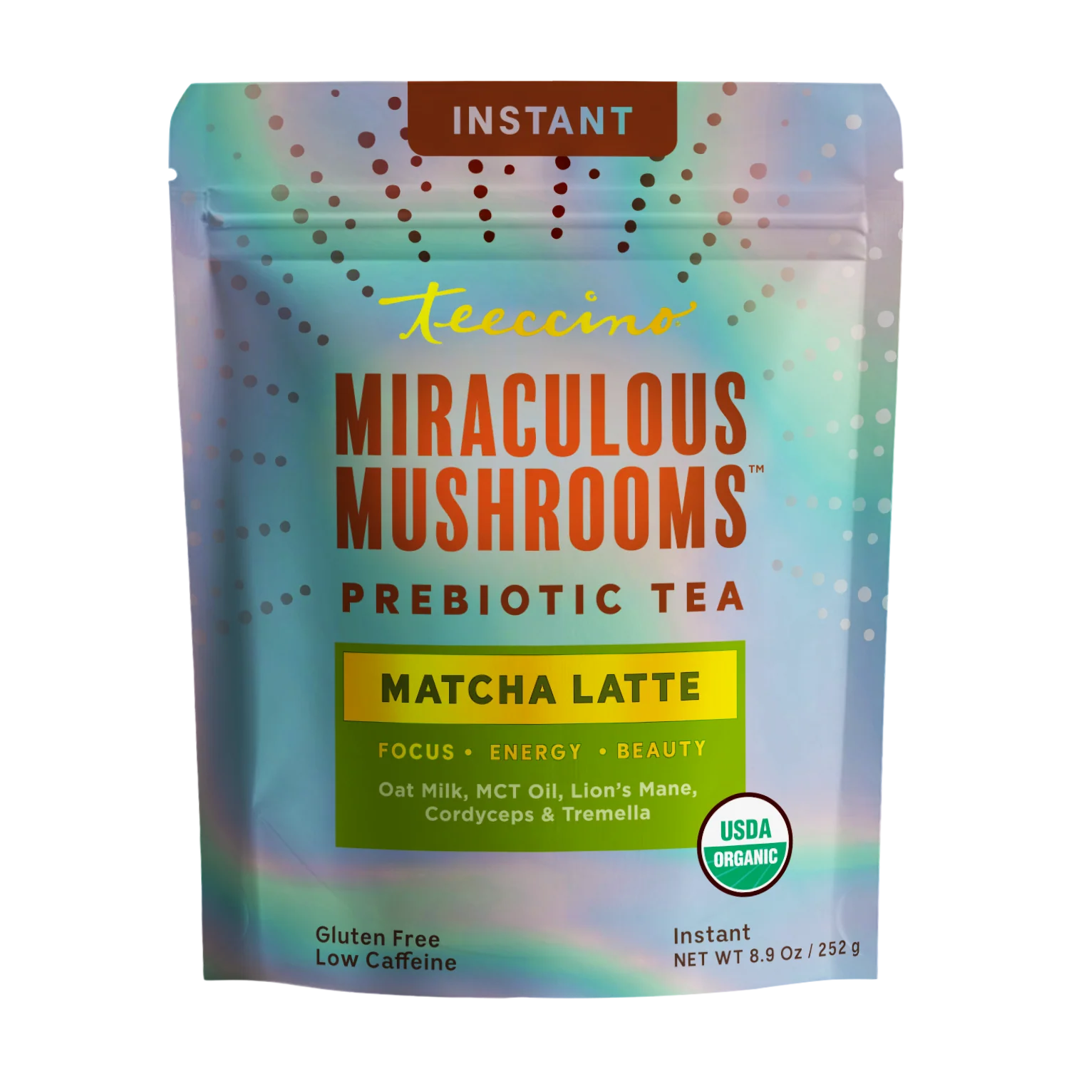 Teeccino Miraculous Mushrooms® Matcha Latte instant latte in a cup with frothy green matcha and mushroom extract.