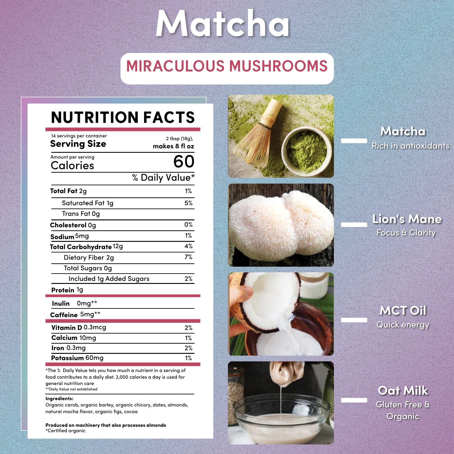 Teeccino Miraculous Mushrooms Matcha Latte instant latte with matcha powder, mushroom extracts, and creamy texture in a prepared drink.