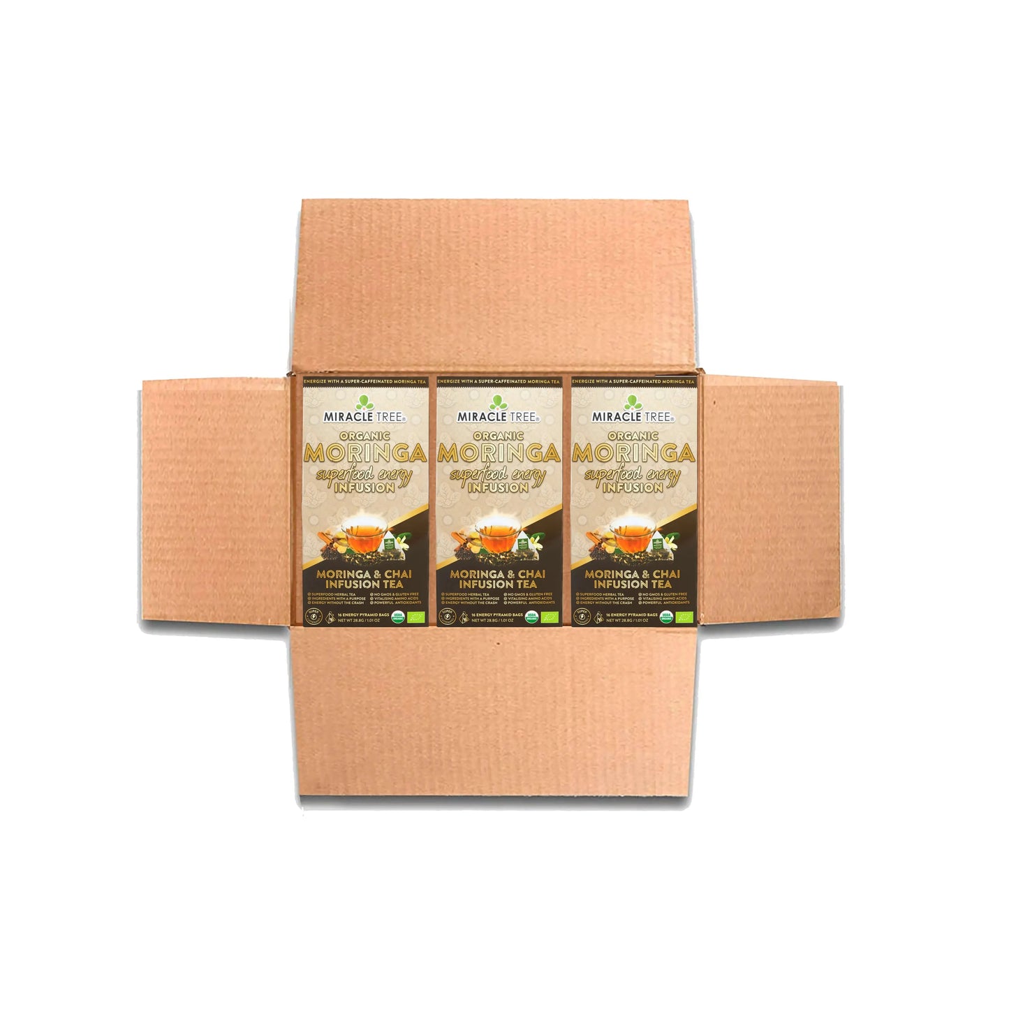Organic Moringa Energy Tea by Miracle Tree with chai spice flavor, featuring a vibrant tea brew in a clear glass cup.