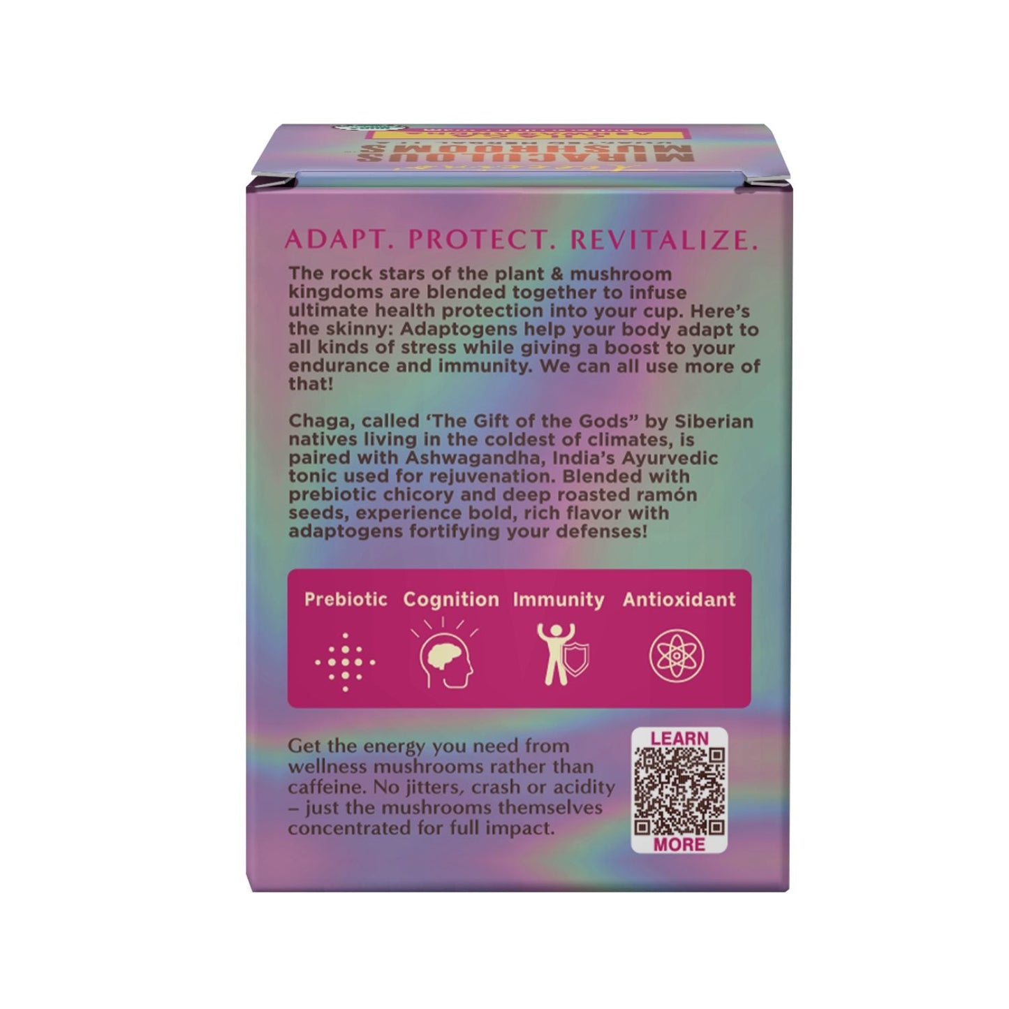 Herbal tea featuring Chaga, Ashwagandha, and Butterscotch cream by Teeccino, shown in a cup with tea leaves and herbal ingredients.