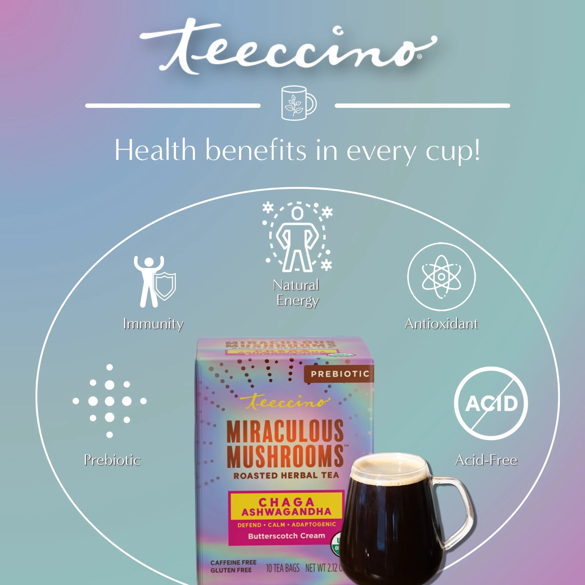 Chaga Ashwagandha butterscotch herbal tea in a clear glass cup, showcasing the warm-colored brewed tea.