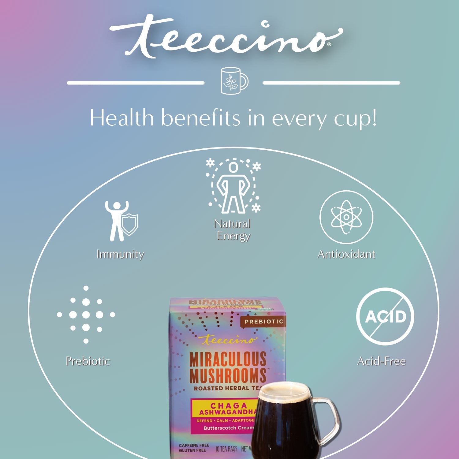 Herbal tea featuring Chaga, Ashwagandha, and butterscotch flavor in a Teeccino mushroom herbal tea bag.