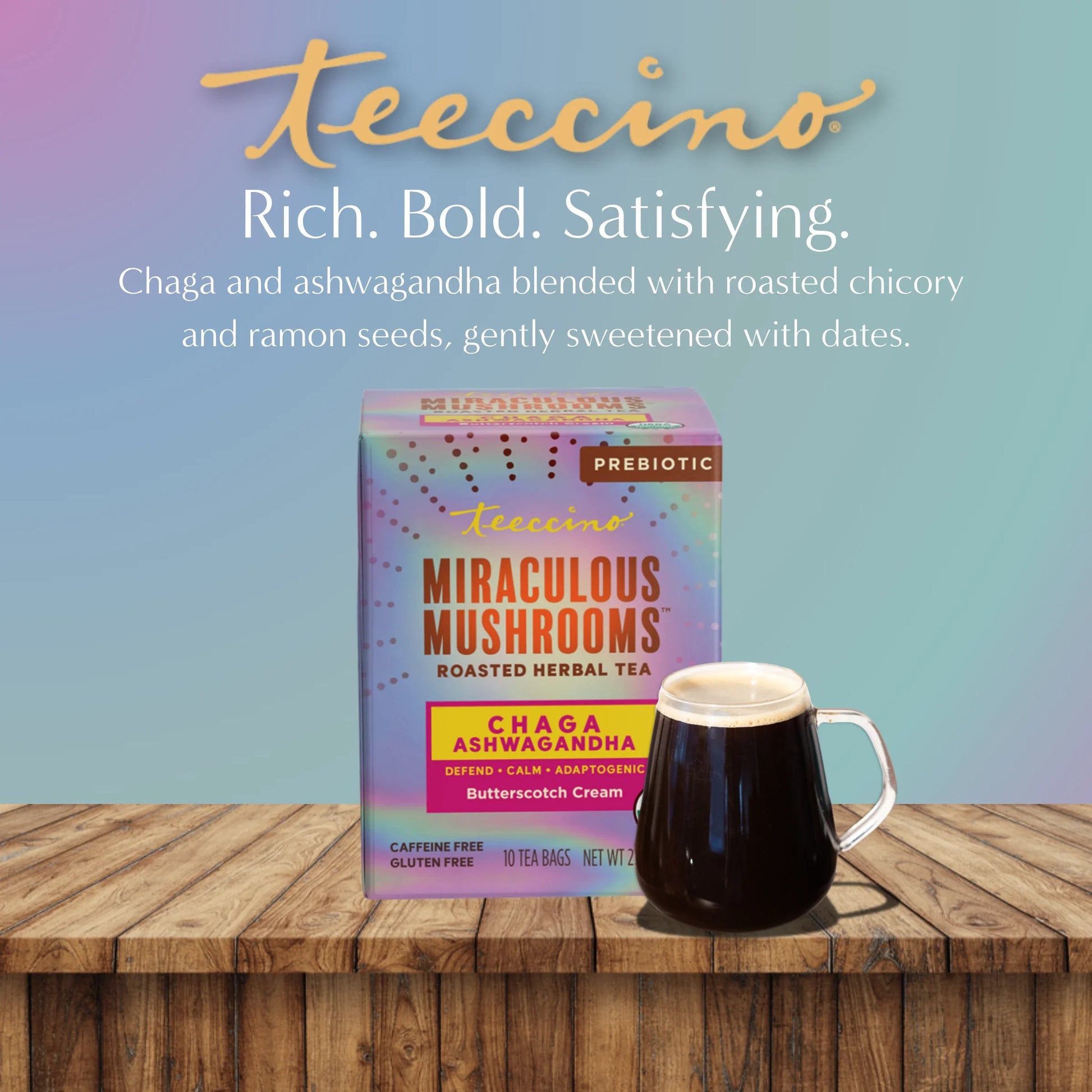 Chaga Ashwagandha Butterscotch herbal tea in a teacup, showcasing the aromatic beverage with herbal ingredients and creamy texture.