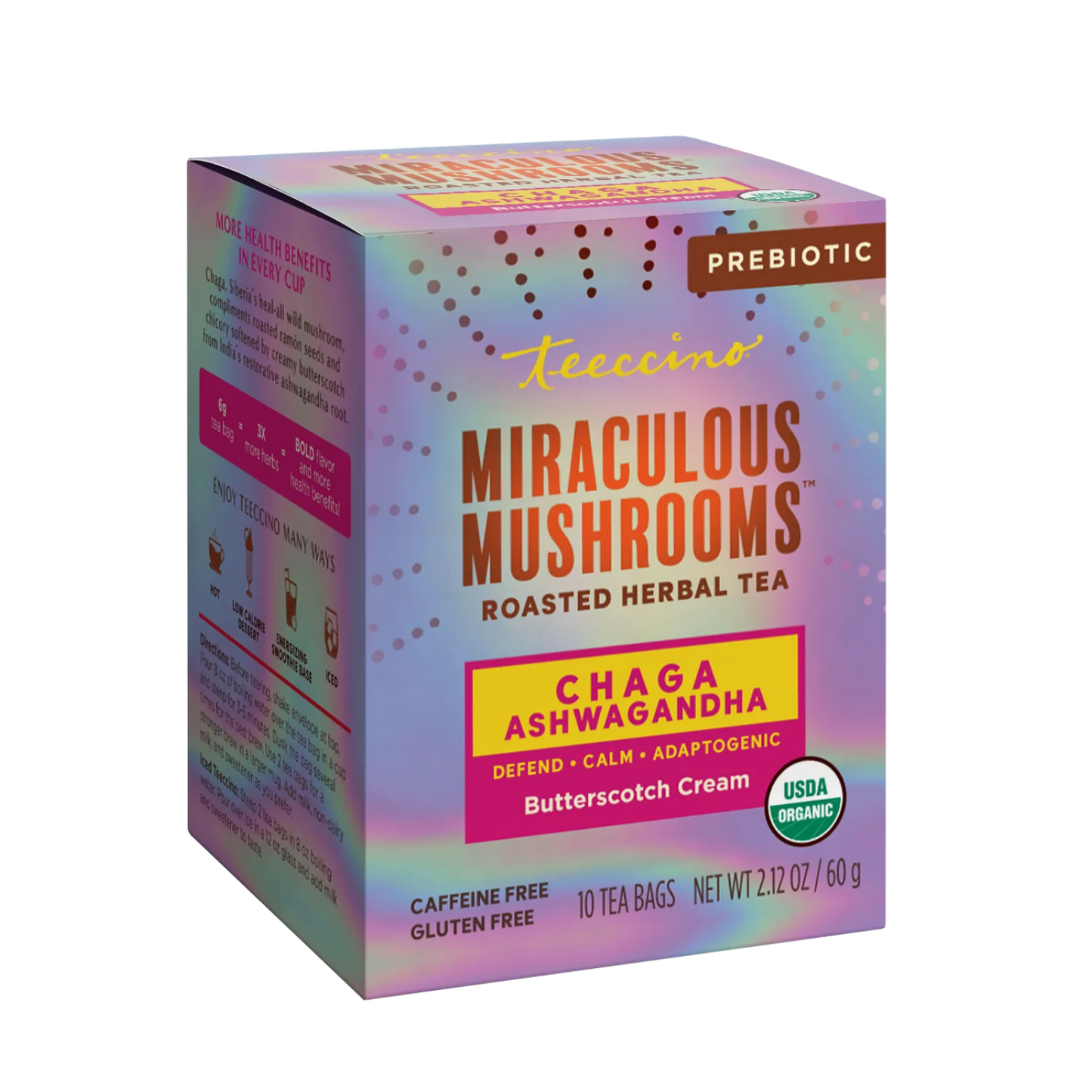 Herbal tea with chaga, ashwagandha, and butterscotch flavor by Teeccino, featuring a steaming cup and herbal ingredients.