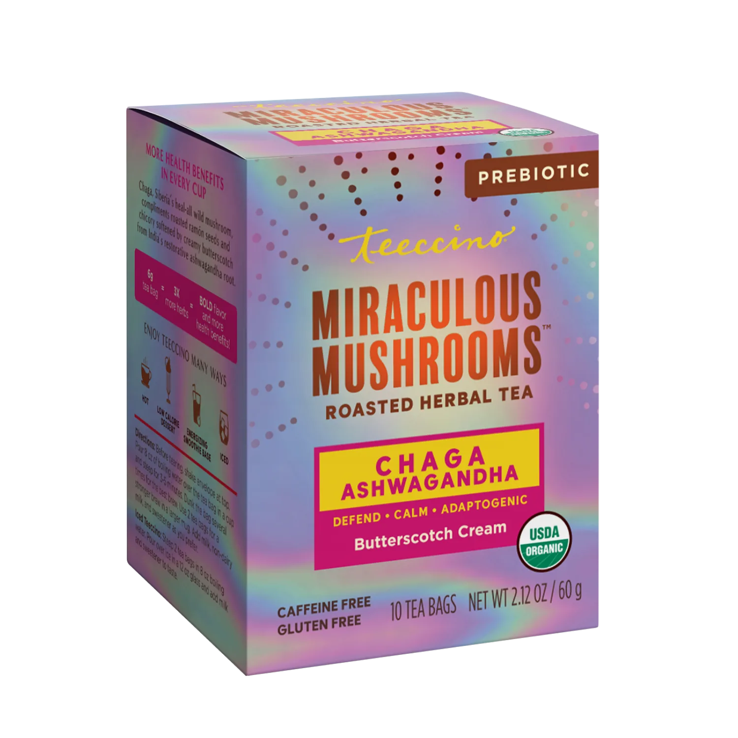 Herbal tea with chaga, ashwagandha, and butterscotch flavor by Teeccino, featuring a steaming cup and herbal ingredients.