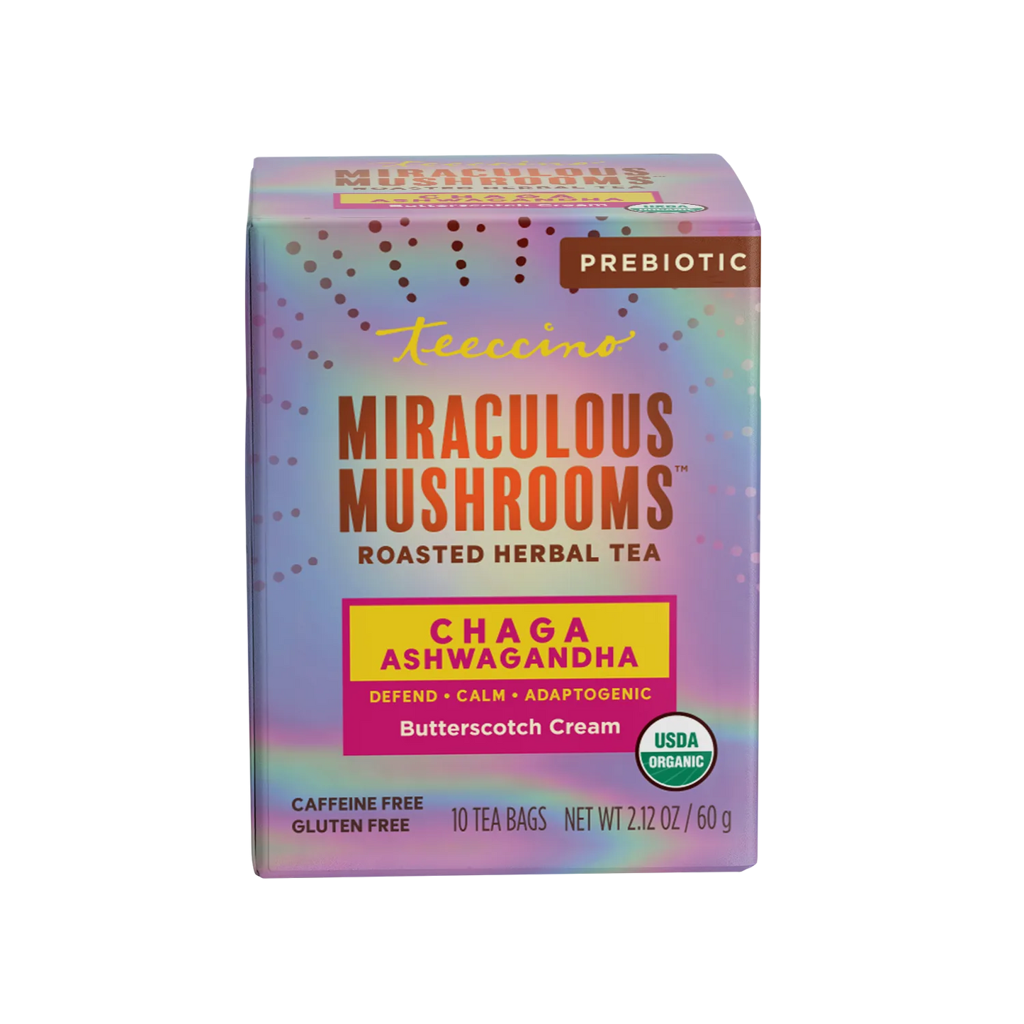 Chaga Ashwagandha Butterscotch Herbal Tea by Teeccino in a steaming cup showing the rich, herbal tea with mushroom and butterscotch flavors