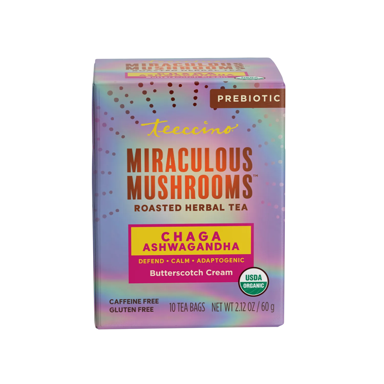 Chaga Ashwagandha Butterscotch Herbal Tea by Teeccino in a steaming cup showing the rich, herbal tea with mushroom and butterscotch flavors