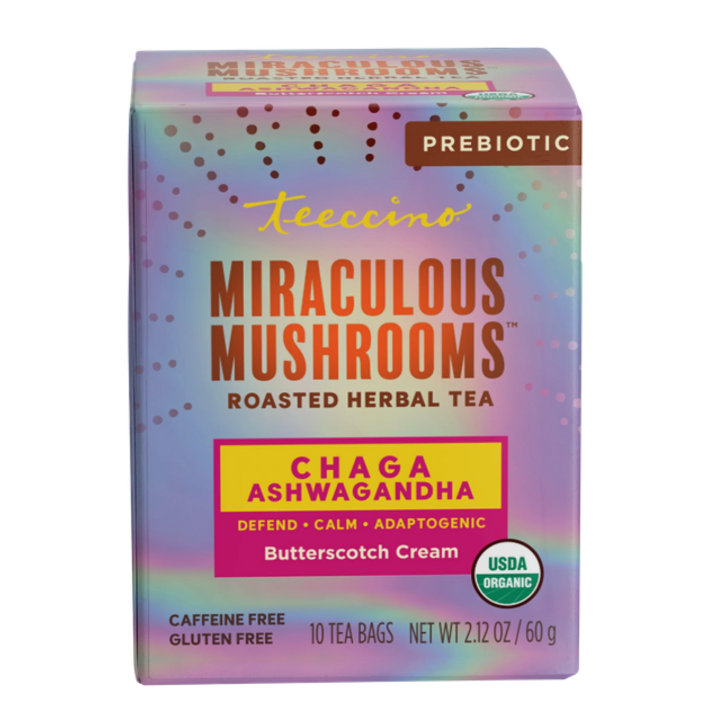 Herbal tea by Teeccino featuring Chaga, Ashwagandha, and butterscotch cream flavor in a tea cup with dried herbs and mushrooms.