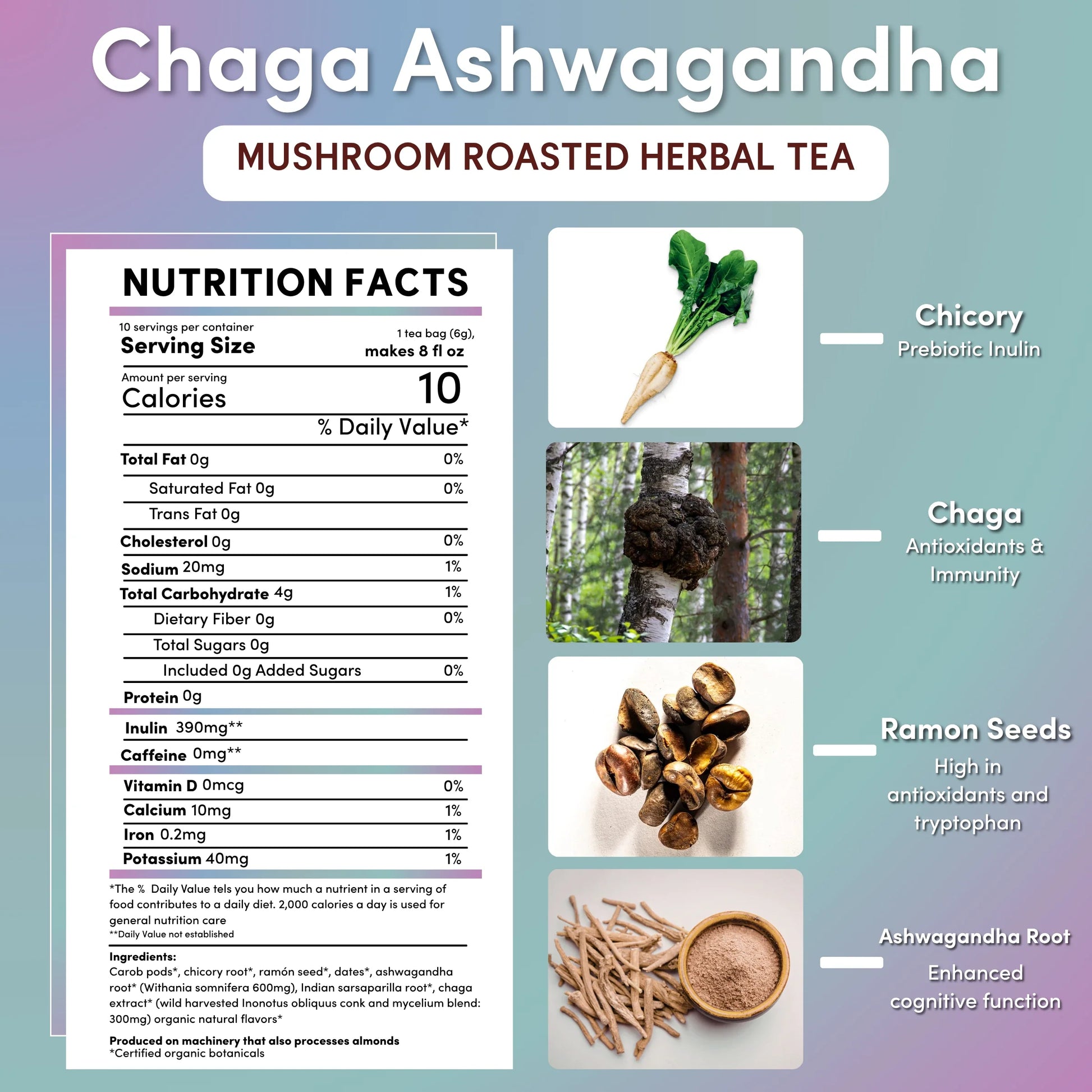 Herbal tea featuring Chaga, Ashwagandha, butterscotch, and mushroom ingredients in a Teeccino herbal tea package.