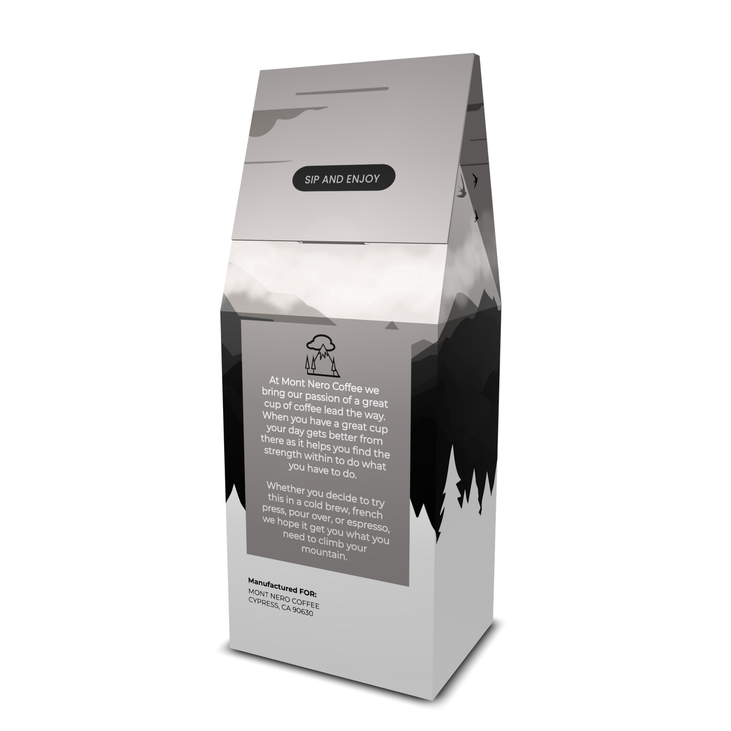 Mont Nero Coffee Night Hike Dark Roast Blend coffee bag featuring toffee, cocoa, and full-bodied dark roast flavor.