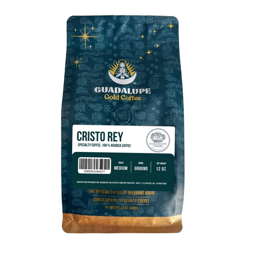 Fresh Cristo Rey coffee beans from Guadalupe Gold Farm, showcased in GuadalupeRoastery packaging, ready for brewing.