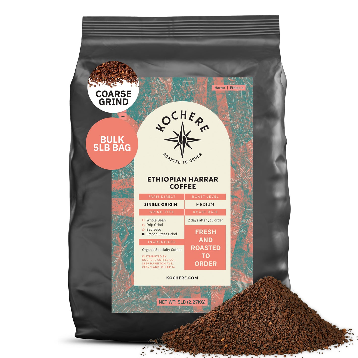 5LB Kochere Coffee Co. Ethiopian Harrar natural medium roast with fruity blueberry and dark chocolate notes in a coarse grind.