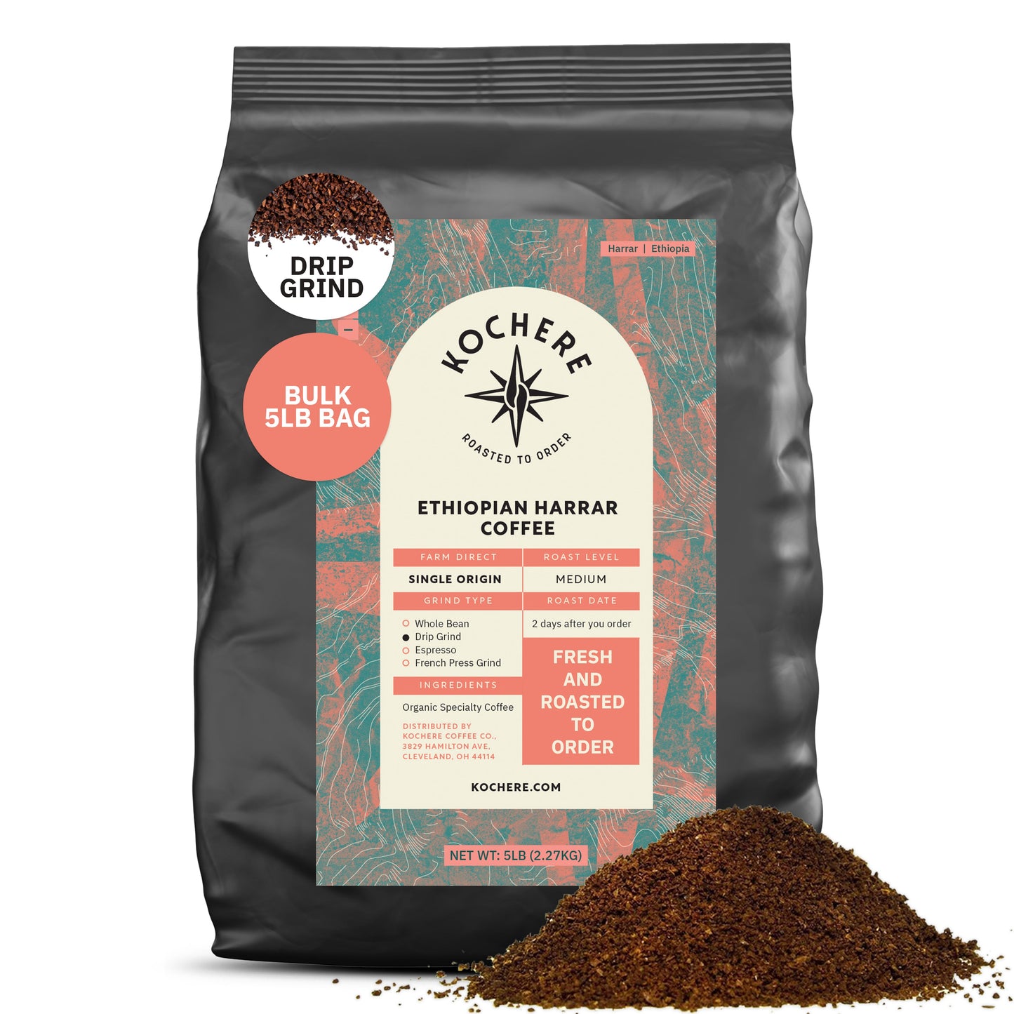 5lb bag of Kochere Coffee Co. Ethiopian Harrar Natural medium roast coffee with fruity, blueberry, and dark chocolate notes.