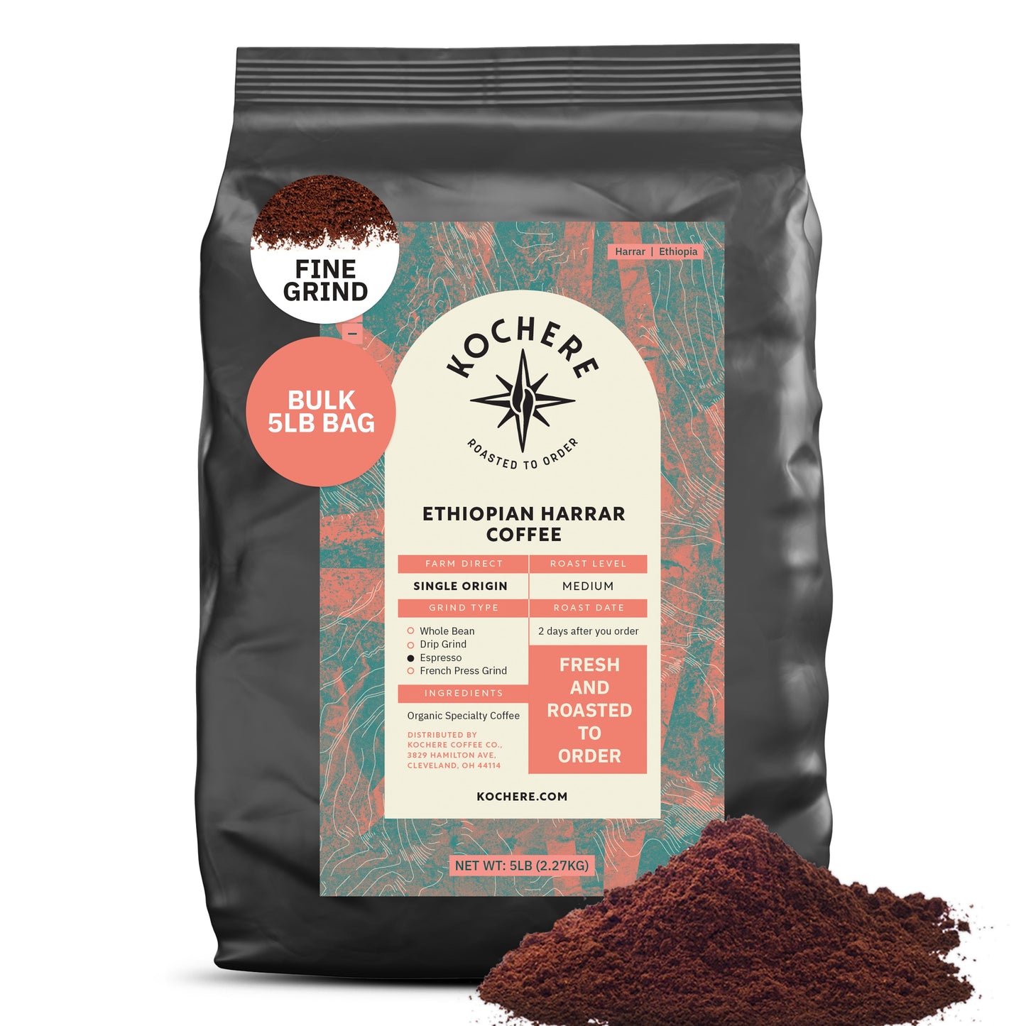Five-pound bag of Kochere Coffee Co. Ethiopian Harrar natural medium roast coffee with fruity blueberry and dark chocolate notes.