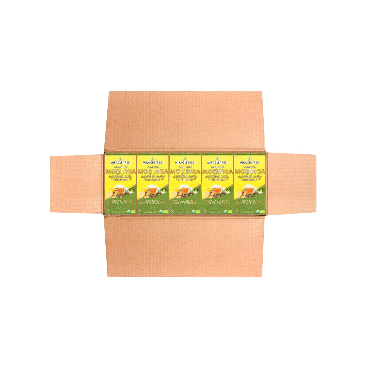 Organic Moringa Energy Tea by Miracle Tree with ginger and lemon, featuring natural ingredients and vibrant tea leaves.