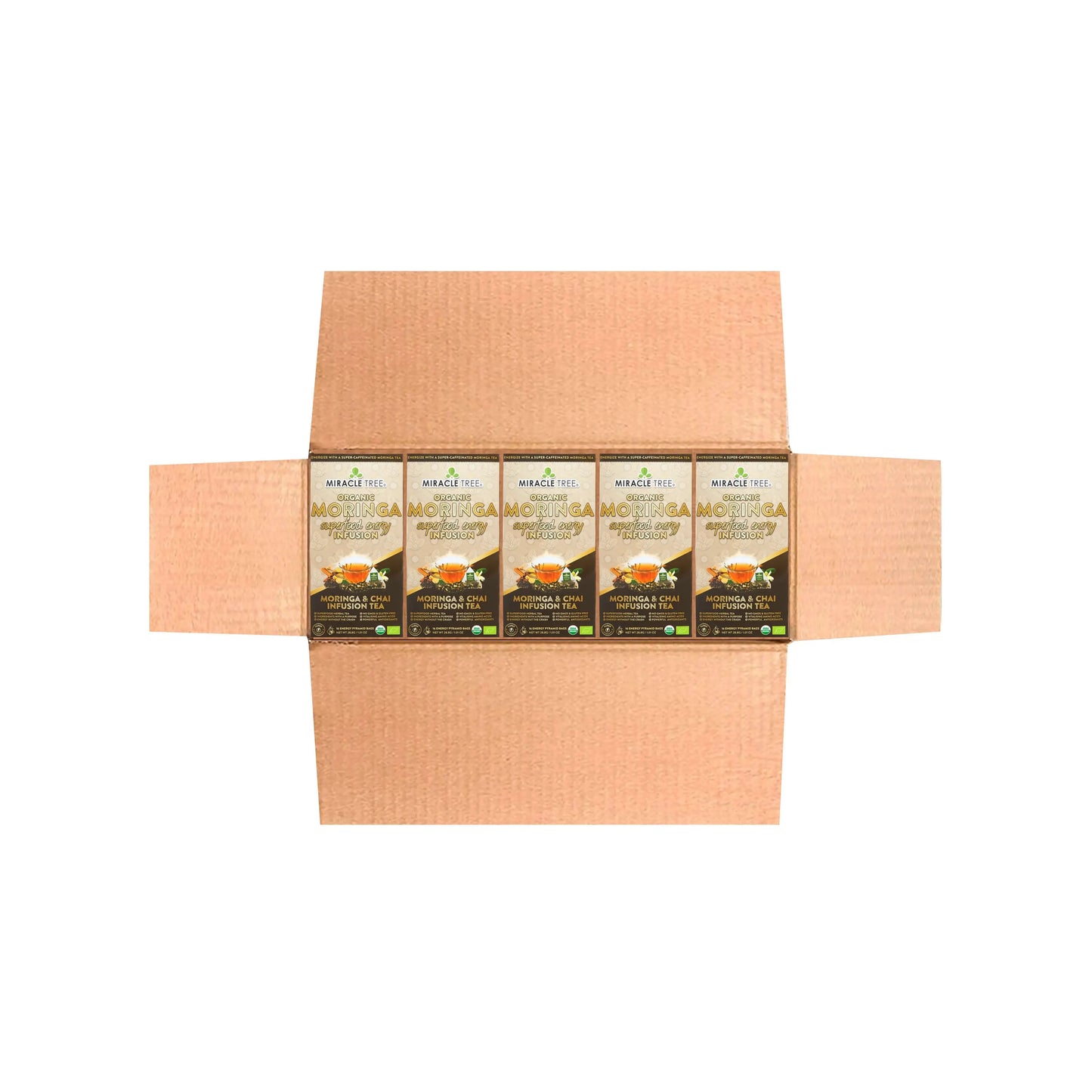 Organic Moringa Energy Tea by Miracle Tree in chai spice flavor, featuring a vibrant tea cup with tea leaves and chai spices.