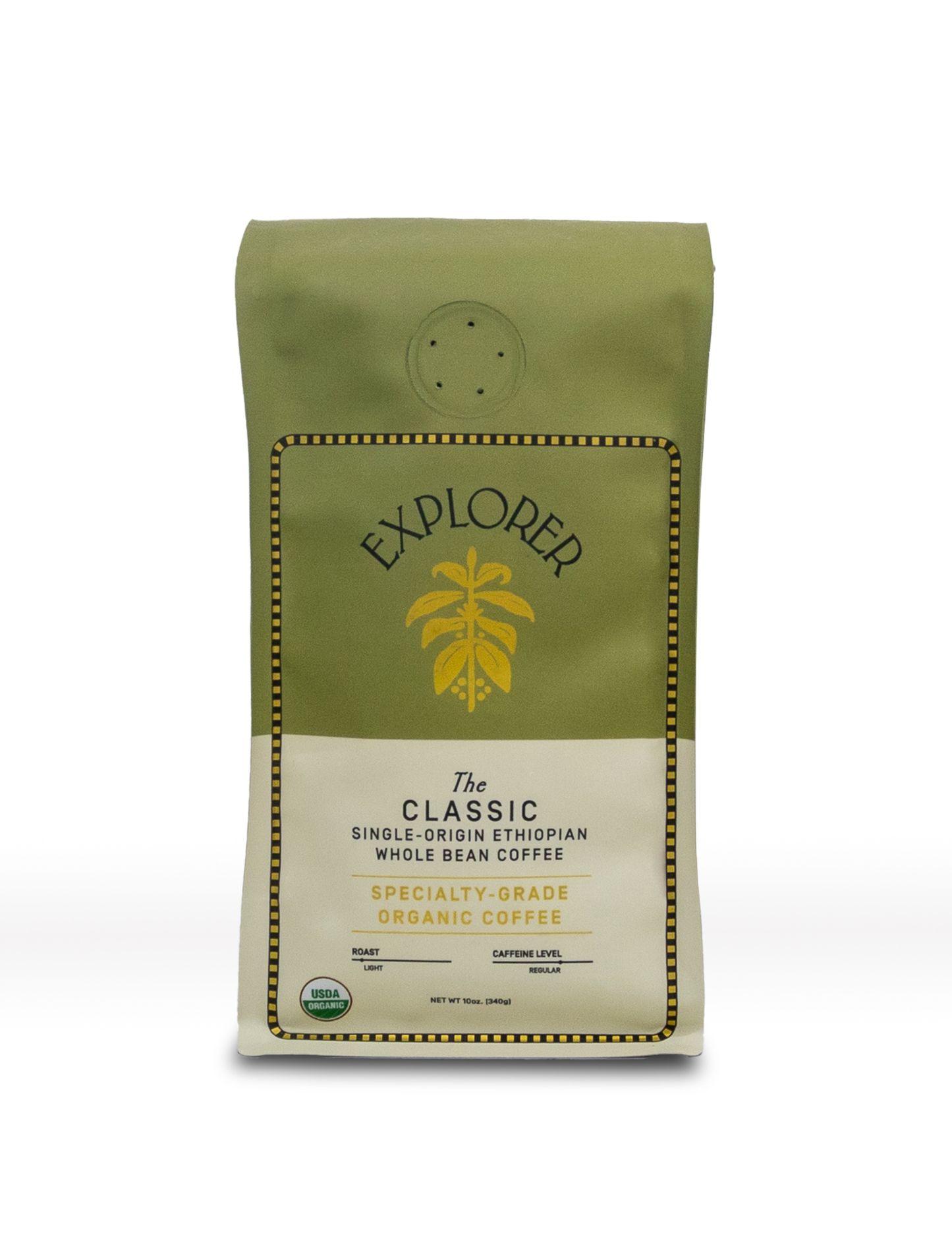 Whole bean coffee from Explorer Cold Brew featuring dark roasted coffee beans in a clear bag.