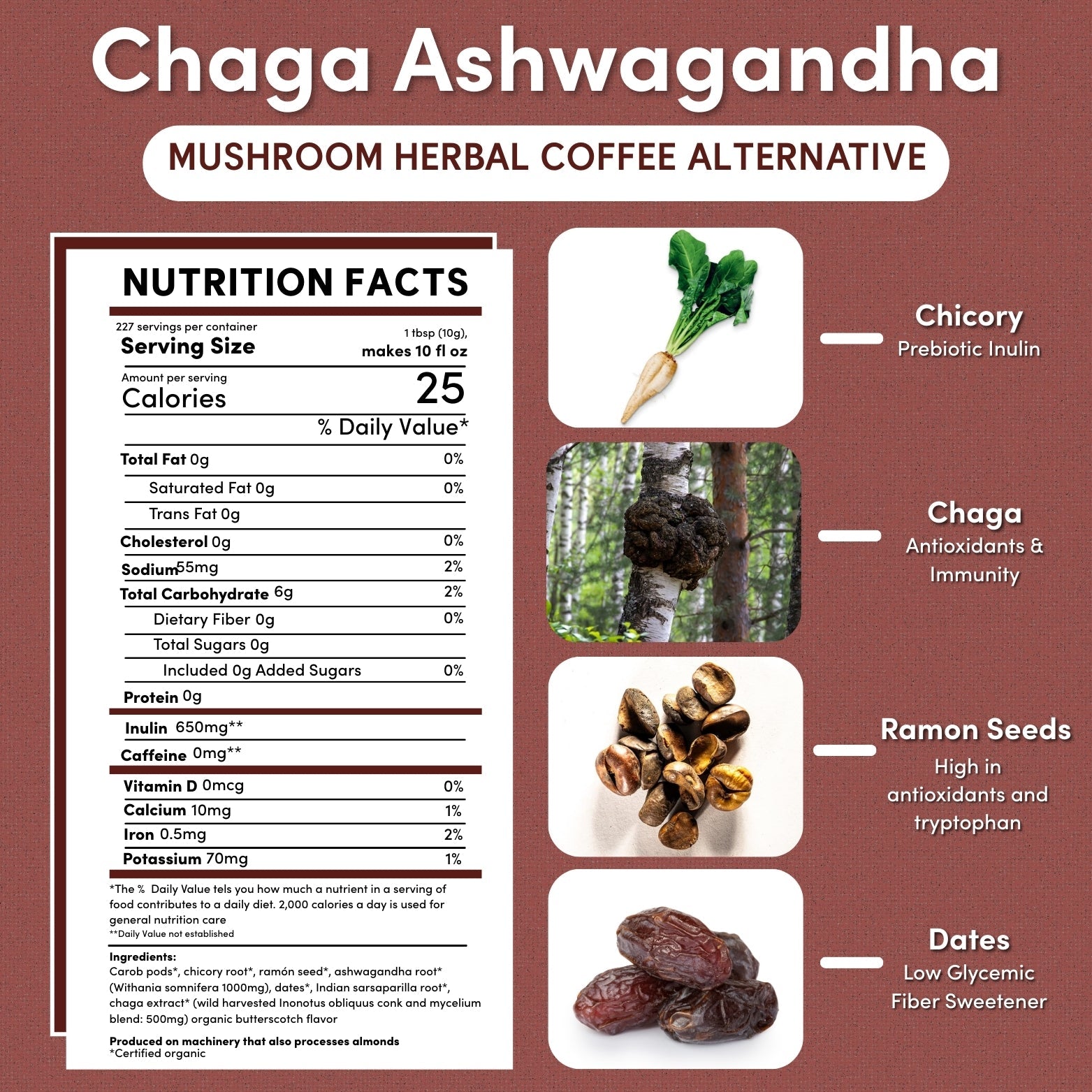 Teeccino herbal coffee with Chaga, Ashwagandha, and butterscotch flavor, featuring a 5-pound bag of mushroom herbal coffee blend.