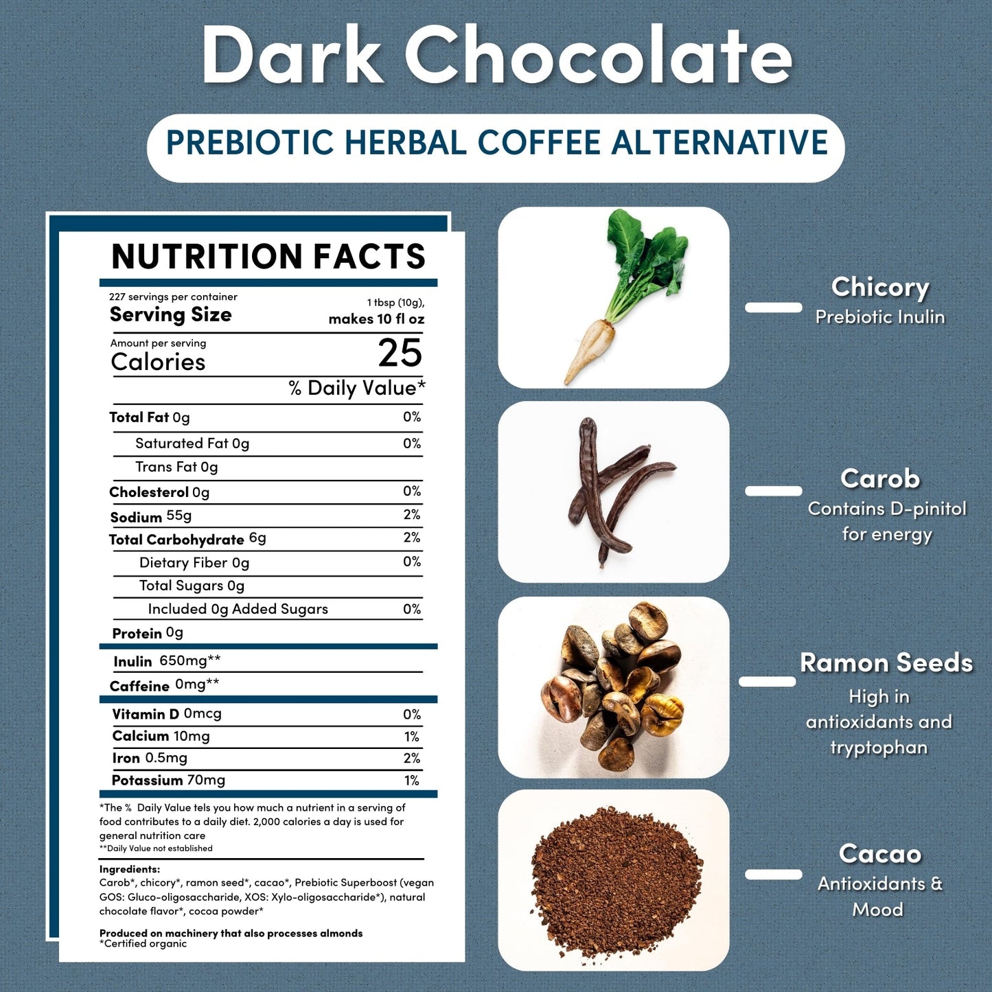 Teeccino Dark Chocolate Prebiotic Herbal Coffee in a 5-pound bag, featuring rich dark chocolate flavor and herbal coffee blend.
