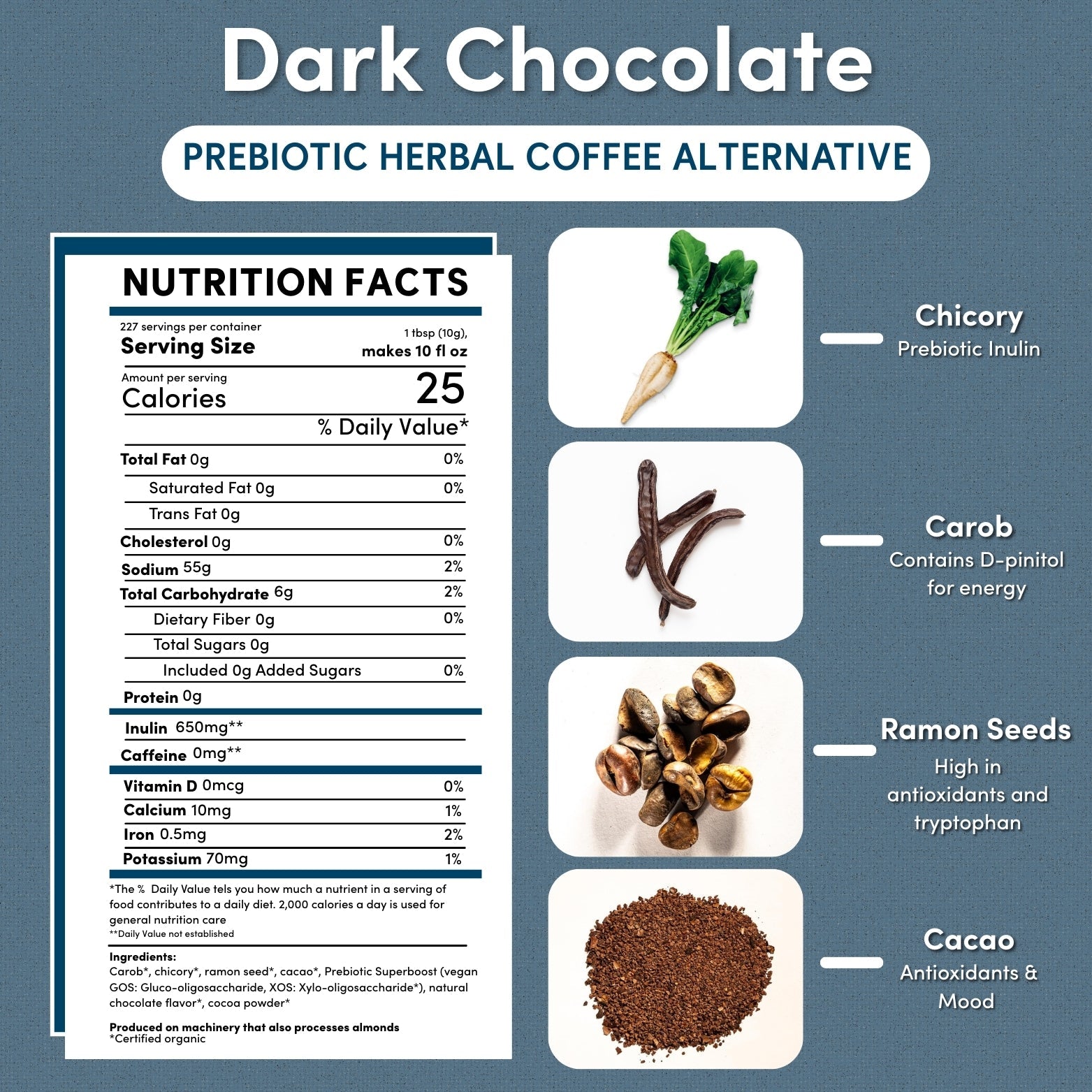 Teeccino Dark Chocolate Prebiotic Herbal Coffee in a 5-pound bag, featuring rich dark chocolate flavor and herbal coffee blend.