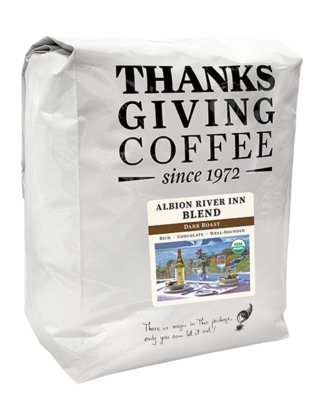 5lb bag of Thanksgiving Coffee Company Albion River Inn Blend dark roast coffee beans.