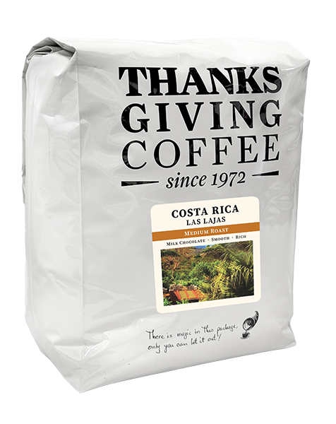 5lb bag of Thanksgiving Coffee Company's Costa Rica Medium Roast coffee beans on a white background.