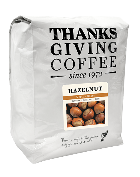 Medium roast hazelnut coffee bag from Thanksgiving Coffee Company, 5-pound bag of aromatic hazelnut-flavored coffee.