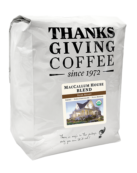 5lb bag of Thanksgiving Coffee Company's MacCallum House Blend Dark Roast coffee beans.