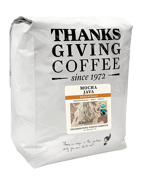 5lb bag of Thanksgiving Coffee Company's Mocha Java FTO medium roast coffee beans, fresh and aromatic in packaging.