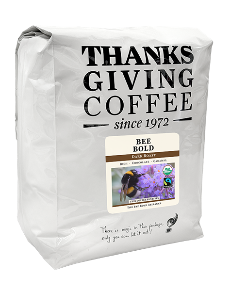 Five-pound bag of Thanksgiving Coffee Company Bee Bold Dark Roast FTO coffee beans.