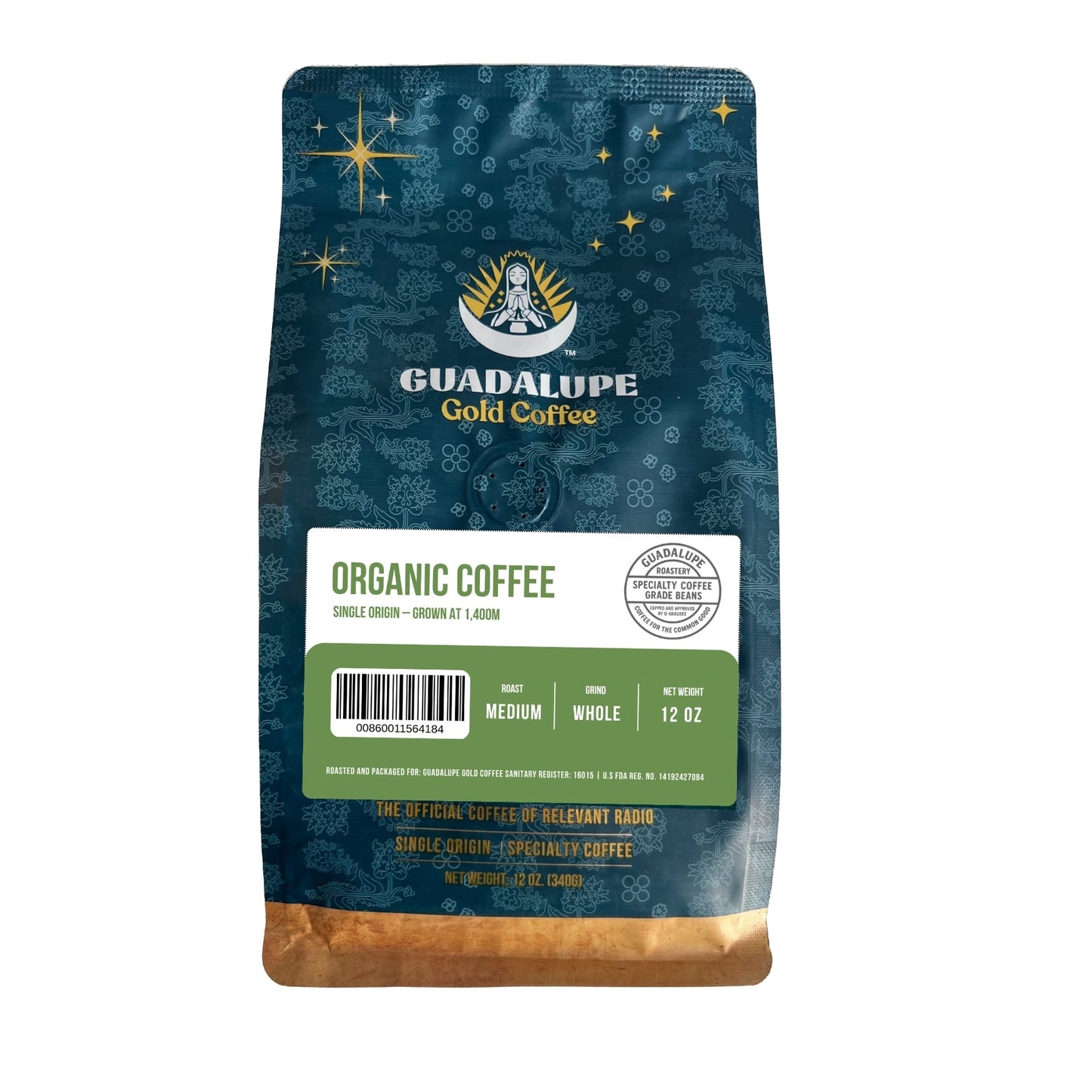 Organic GuadalupeRoastery single origin coffee bean bag, showcasing roasted coffee beans from 1,400m altitude.