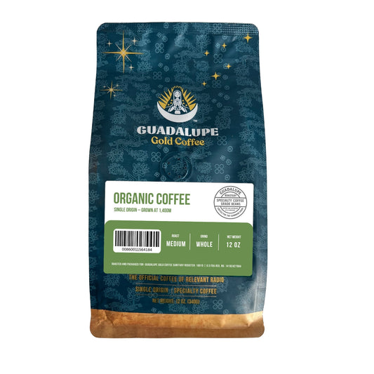 Organic GuadalupeRoastery single origin coffee bean bag, showcasing roasted coffee beans from 1,400m altitude.