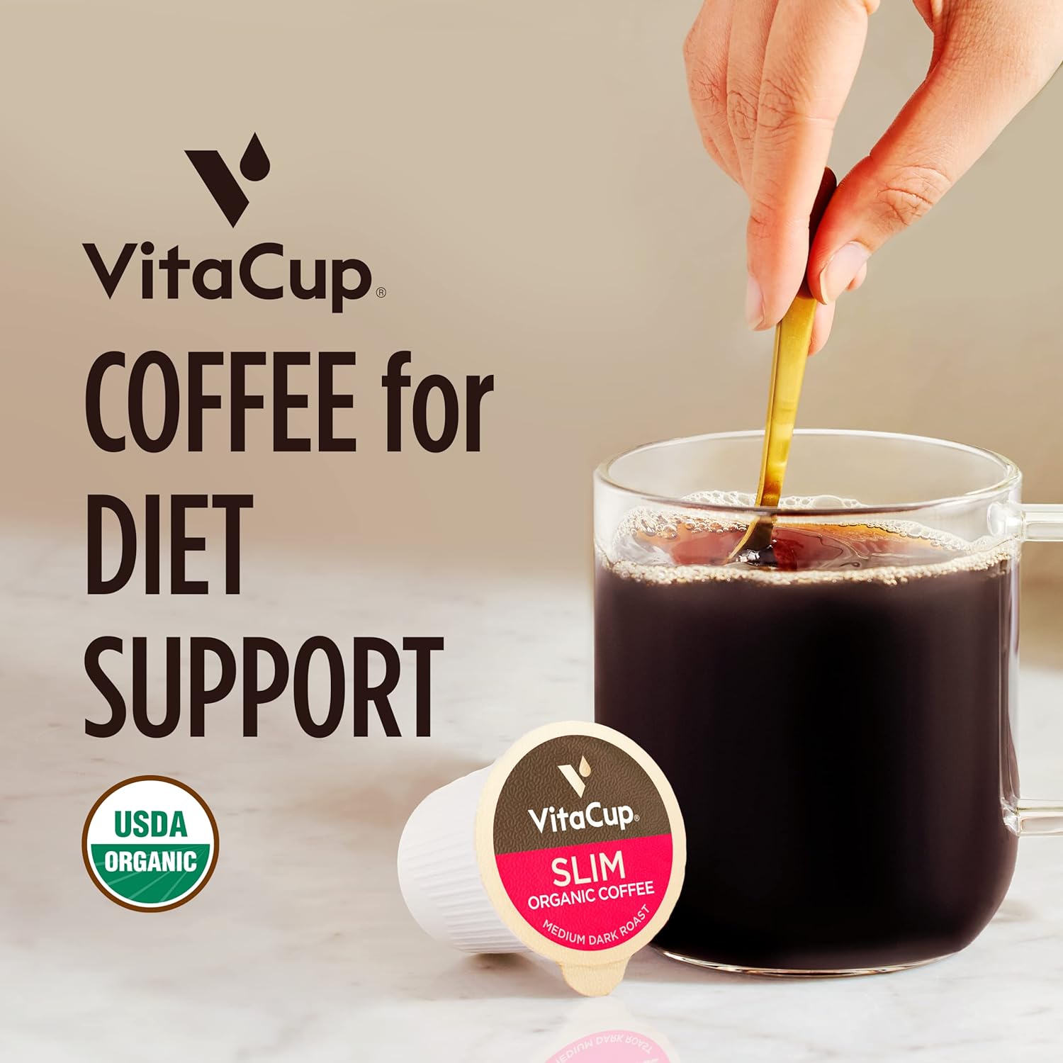 Slim organic coffee pods with bold flavor from NutritionAdvice, designed for diet support, in a customized package.