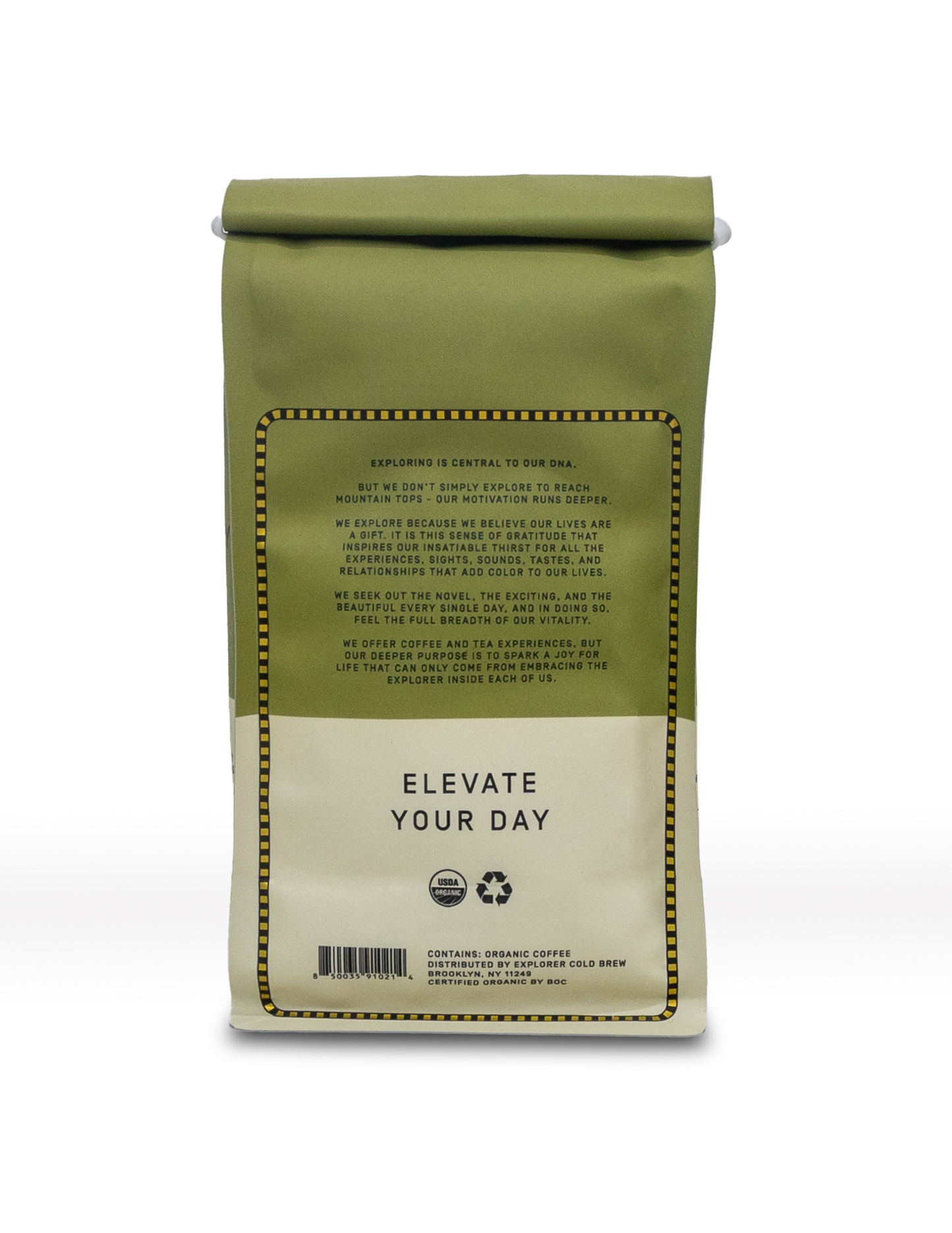 Whole bean Explorer Cold Brew coffee in a clear bag, showing dark roasted coffee beans ready for grinding.
